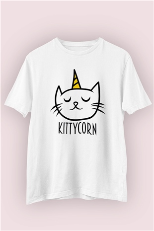 Kitty Corn Temalı Baskılı Beyaz Tişört