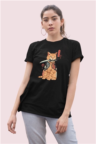 Koi Balıklı Kedi Temalı Baskılı Tshirt