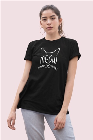Meow Kedi Temalı Baskılı Siyah Tshirt