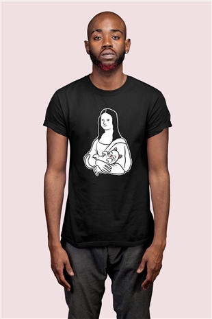 Mona Lisa ve Kedisi Temalı Baskılı Siyah Tshirt