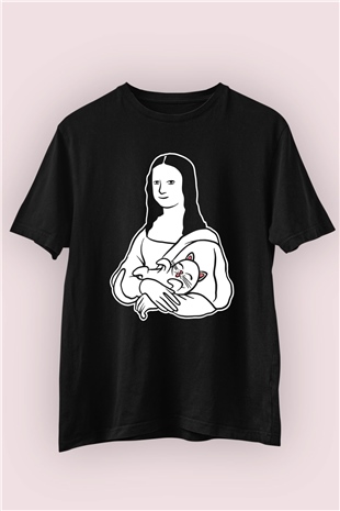 Mona Lisa ve Kedisi Temalı Baskılı Siyah Tshirt