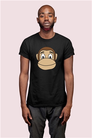 Mutlu Maymun Temalı Baskılı Siyah Tişört