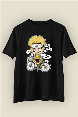 Naruto Bisikletçi İsimli Baskılı Siyah Tshirt
