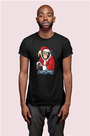 Noel Baba Maymun Temalı Baskılı Tişört 