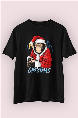 Noel Baba Maymun Temalı Baskılı Tişört 