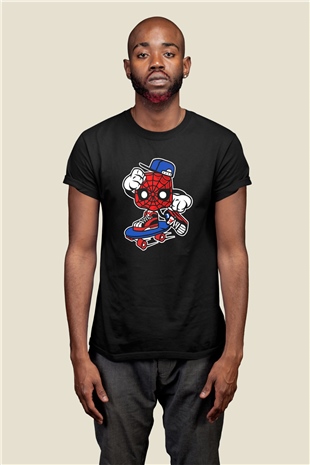 Örümcek Skater İsimli Baskılı Siyah Tshirt
