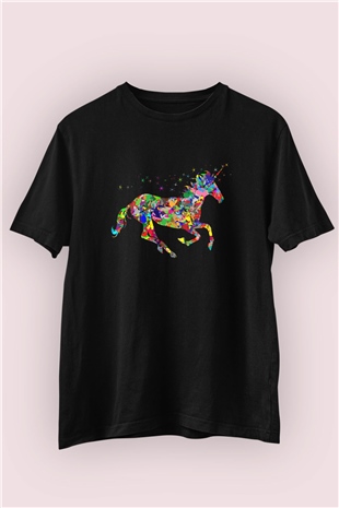 Renkli Kolaj Unicorn Temalı Baskılı Siyah Tişört