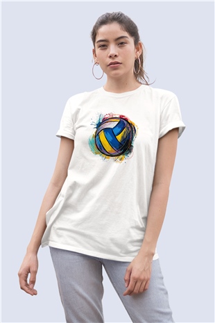 Renkli Voleybol Topu Temalı Baskılı Tasarım Tişört