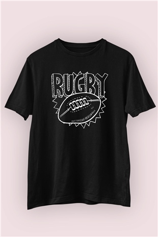 Rugby - Amerikan Futbol Topu Temalı Baskılı Siyah Tshirt
