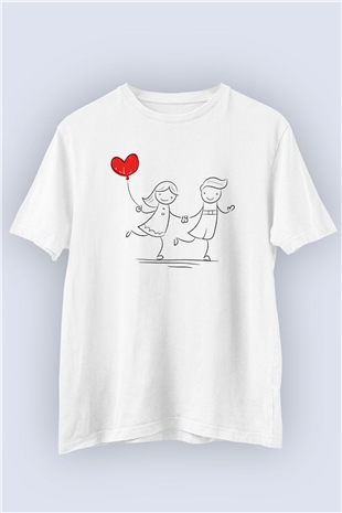 Sevgililer Günü Aşık Stickman ve Kalp Balon Temalı Baskılı Tişört