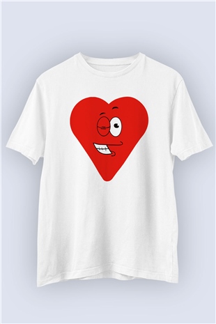 Sevgililer Günü Göz Kırpan Kalp Temalı Baskılı Tişört