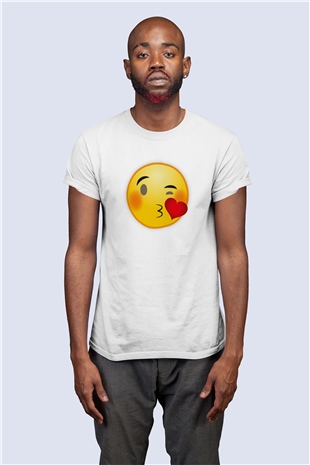 Sevgililer Günü Öpücüklü Kalp Emoji Temalı Baskılı Tişört