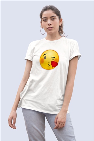 Sevgililer Günü Öpücüklü Kalp Emoji Temalı Baskılı Tişört