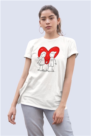 Sevgililer Günü Stickman Aşkı ve Kalp Temalı Baskılı Tshirt