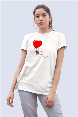 Sevgililer Günü Uçan Kalp Balon Temalı Baskılı Tshirt