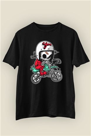 Skull Motocros İsimli Baskılı Siyah Tshirt