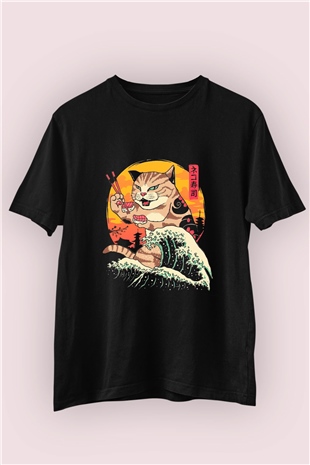 Sushi Yiyen Kedi Temalı Baskılı Tişört 