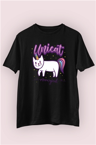 Unicorn Kedi Temalı Baskılı Siyah Tshirt