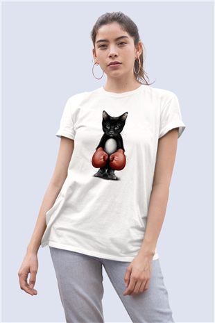 Unisex Boksör Kedi Temalı Baskılı Tişört