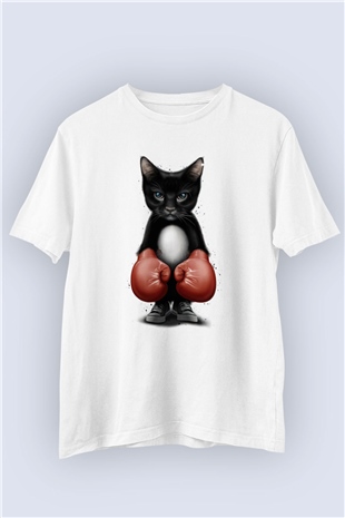 Unisex Boksör Kedi Temalı Baskılı Tişört