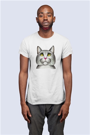 Unisex Çizgi Kedi Baskılı Tasarım Tişört