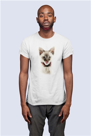 Unisex Dil Çıkaran Kedi Baskılı Tişört