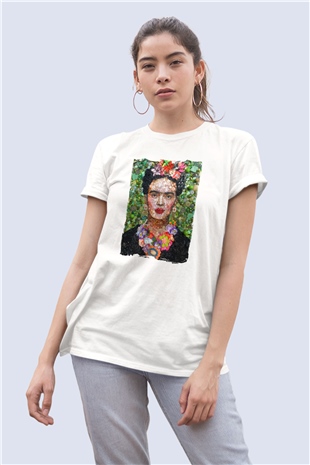 Unisex Düğmelerle Frida Kahlo Temalı Baskılı Tshirt