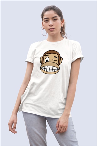 Unisex Göz Kırpan Maymun Temalı Baskılı Tişört