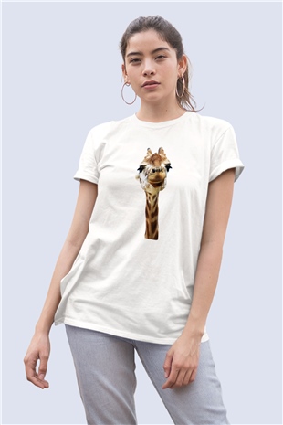 Unisex Gülümseyen Zürafa Temalı Baskılı Tişört