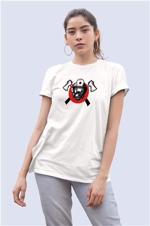 Unisex İtfaiyeci Temalı Baskılı Beyaz Tshirt