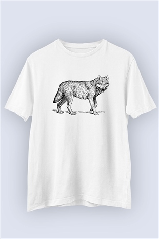 Unisex Karakalem Çizim Kurt Temalı Tişört