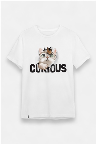 Unisex Kedi ve Kelebek Temalı V Yaka Pamuklu Tişört