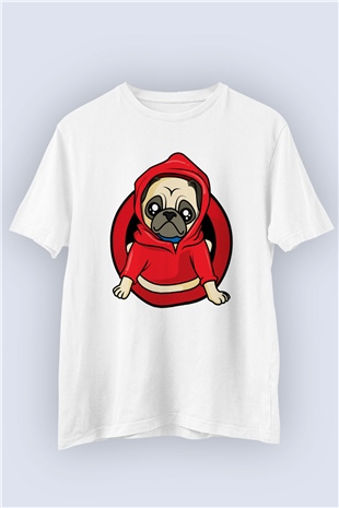 Unisex Kırmızı Hoodieli Pug Baskılı Tasarım Tişört