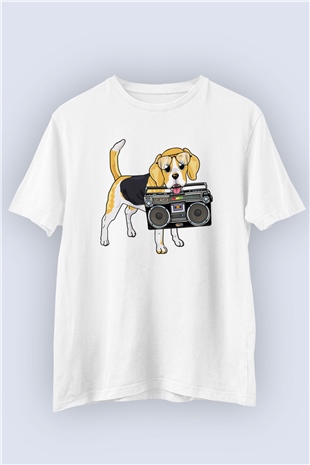 Unisex Köpek ve Kasetçalar Temalı Baskılı Tshirt
