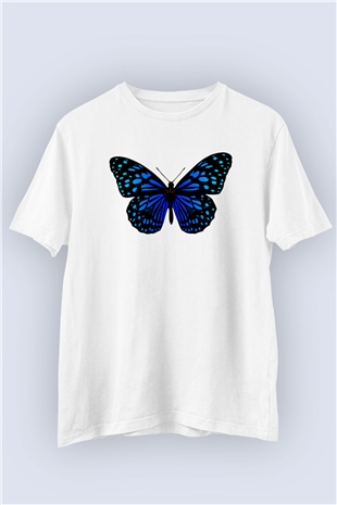Unisex Mavi Kanatlı Kelebek Temalı Baskılı Tişört