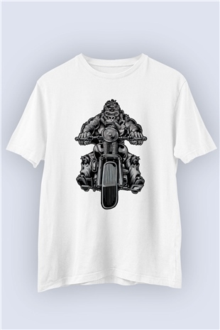 Unisex Motorcu Maymun Temalı Baskılı Tişört