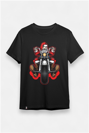 Unisex Motorcu Noel Baba Temalı Baskılı Tshirt