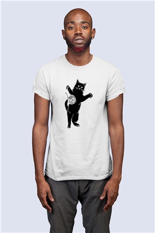 Unisex Oyuncu Kara Kedi Temalı Baskılı Tshirt
