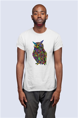 Unisex Renkli Baykuş Baskılı Tişört