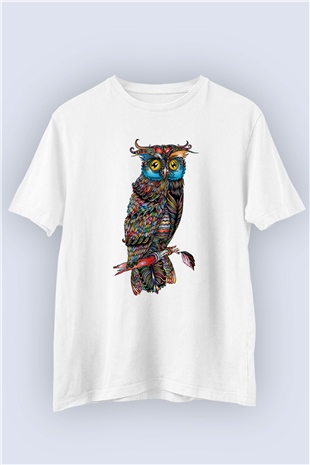 Unisex Renkli Baykuş Temalı Baskılı Tişört