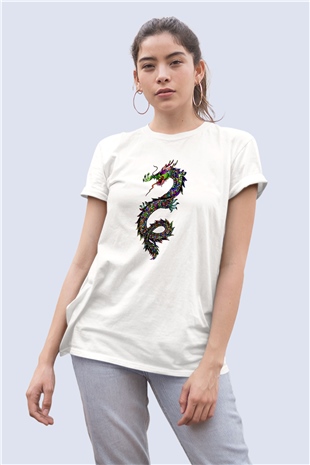 Unisex Renkli Ejderha Temalı Baskılı Tişört