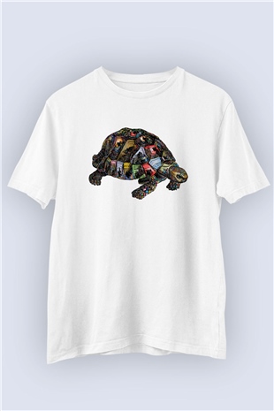 Unisex Renkli Kaplumbağa Temalı Baskılı Tasarım Tişört