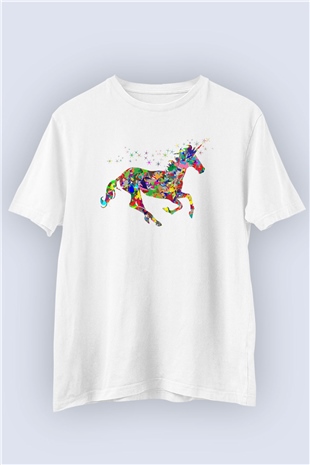 Unisex Renkli Kolaj Unicorn Temalı Baskılı Tişört