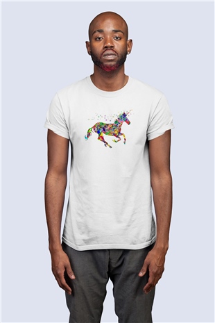 Unisex Renkli Kolaj Unicorn Temalı Baskılı Tişört