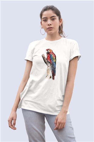 Unisex Renkli Papağan Temalı Baskılı Tişört