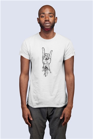 Unisex Rock & Roll El İşareti Temalı Baskılı Tişört