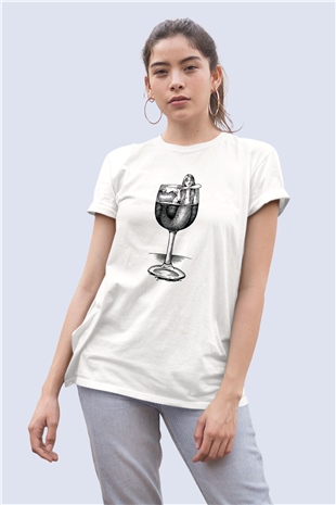 Unisex Şarap Kadehi ve Deniz Kızı Temalı Baskılı Tişört