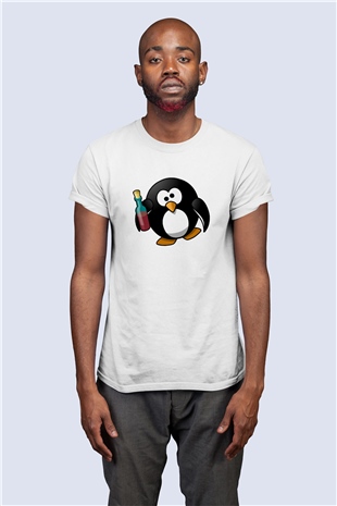 Unisex Sarhoş Penguen Temalı Baskılı Tasarım Tshirt