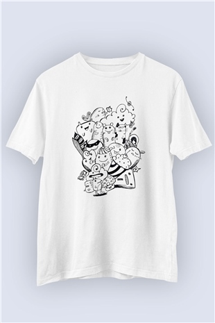 Unisex Sevimli Çizgi Karakterler Temalı Baskılı Tişört