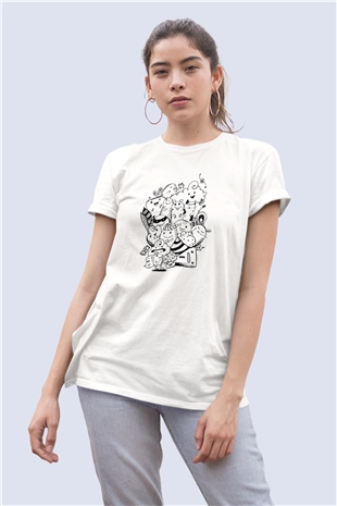 Unisex Sevimli Çizgi Karakterler Temalı Baskılı Tişört